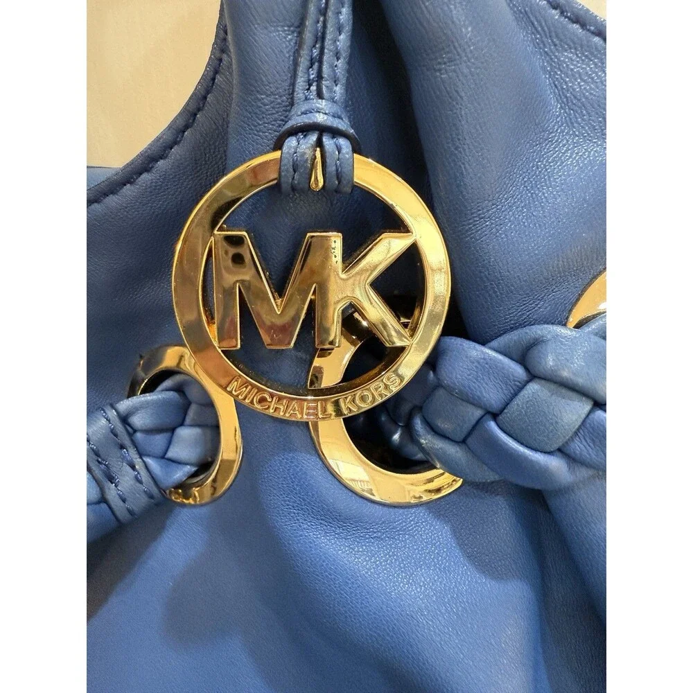 Michael Kors Shoulder Bag Braided Handle Tassel Gold Hardware Logo Charm Blue